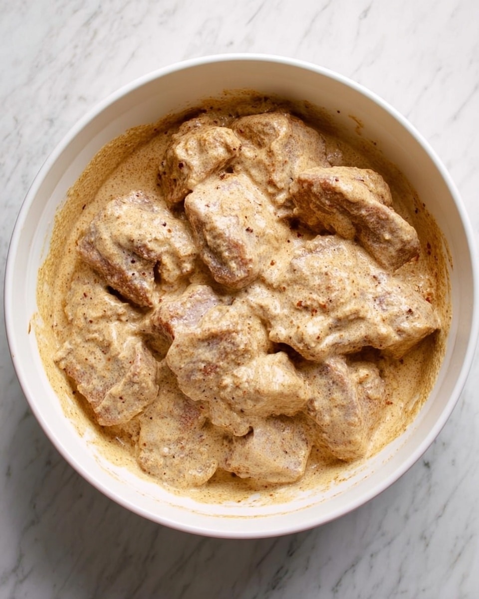 A white bowl filled with many pieces of raw meat covered in a thick, creamy beige sauce with visible specks of darker spices. The sauce covers each piece fully, making the meat look soft and well-coated. The bowl is sitting on a white marbled surface. photo taken with an iphone --ar 4:5 --v 7