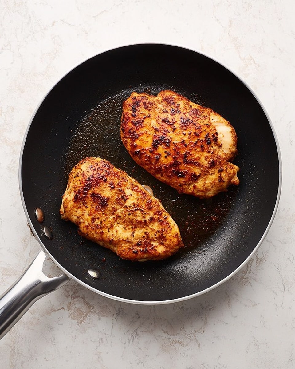 Two cooked seasoned chicken pieces with a browned, crispy surface sit side by side in a black non-stick pan. The top piece is plumper with a rough toasted texture, while the bottom one is flatter and more oval, both showing darker brown spice spots. The pan handle extends out to the left against a white marbled textured background. Photo taken with an iphone --ar 4:5 --v 7