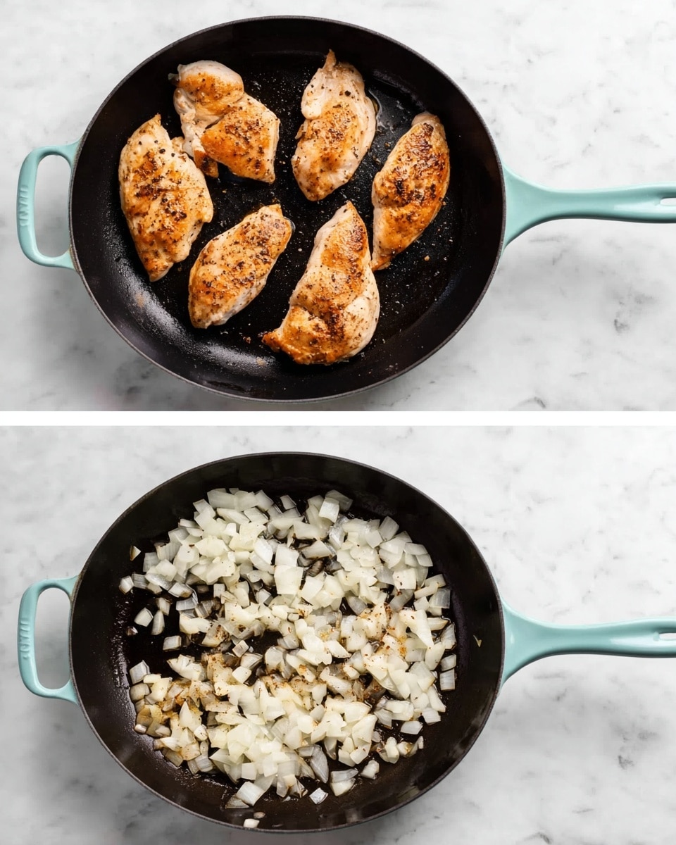 A black cast iron pan with a light teal handle sits on a white marbled surface. In the first image, four pieces of cooked chicken with a golden brown color and some black pepper are spread out inside the pan. In the second image, the pan contains small white chopped onion pieces cooking evenly inside it, showing some brown bits on the pan’s surface beneath the onions. Photo taken with an iphone --ar 4:5 --v 7