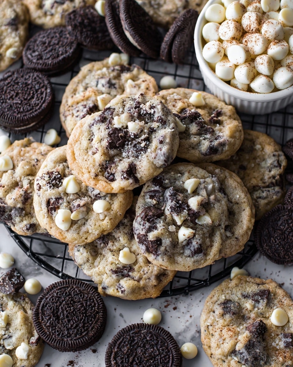 The image shows a pile of round cookies with a light gray base, mixed with chunks of dark chocolate cookies and white chocolate chips scattered on top and inside. The cookies have a rough texture with visible cookie crumbs and chocolate pieces embedded throughout. Around the cookies, several whole dark chocolate sandwich cookies are placed, and on the upper right side, a white bowl filled with many white chocolate chips slightly dusted with brown powder is visible. All items rest on a black cooling rack over a white marbled surface. The lighting highlights the contrast between dark and light colors on the cookies and chocolate chips. photo taken with an iphone --ar 4:5 --v 7