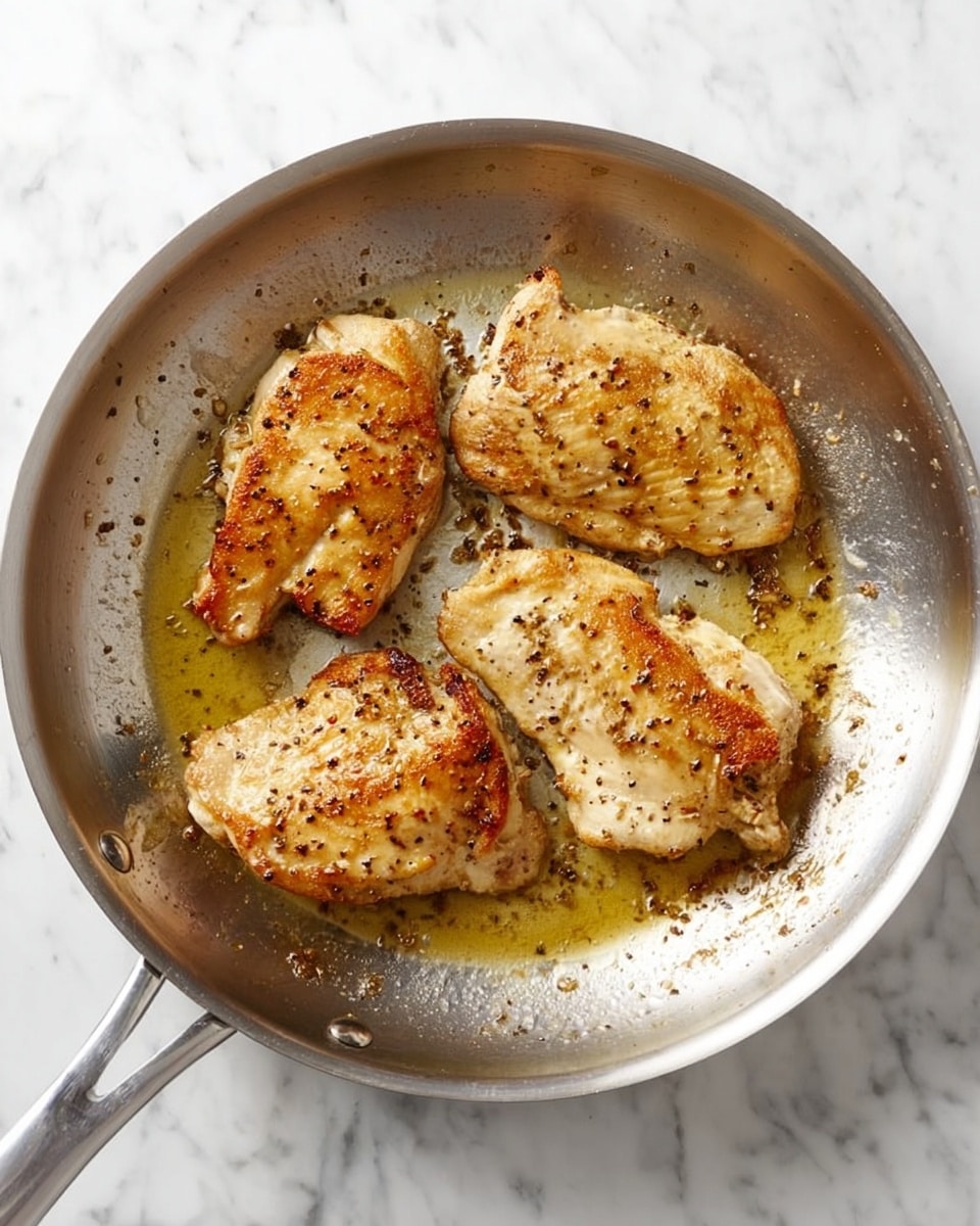 A round silver pan contains four pieces of cooked, light golden chicken arranged evenly inside. Each piece has a slightly crispy surface with some brown spots and specks of seasoning. The pan shows some browned bits and oil marks around the chicken pieces. The pan is set on a white marbled surface. photo taken with an iphone --ar 4:5 --v 7