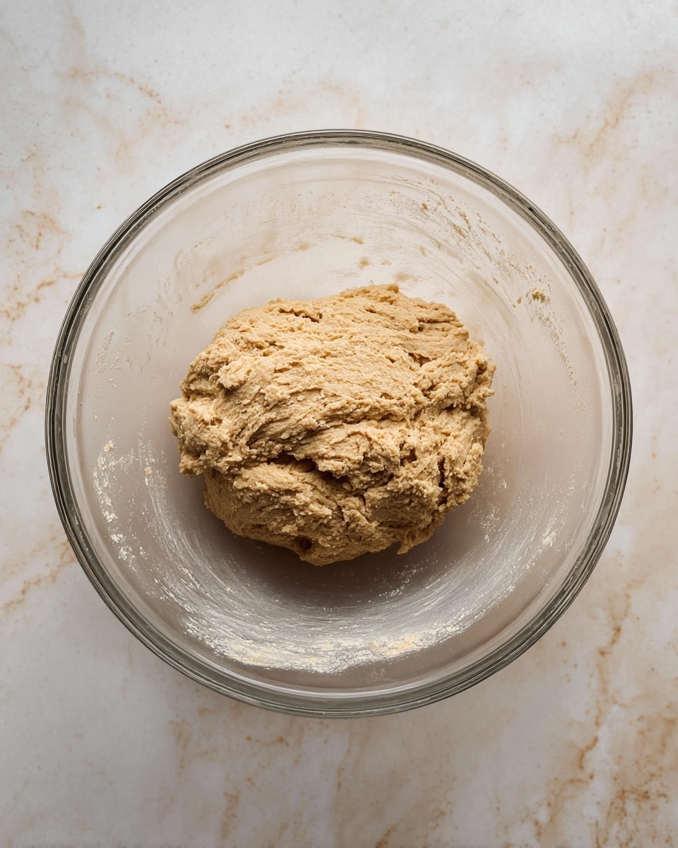 A clear glass bowl holds a single mound of light brown dough with a rough, slightly crumbly texture, placed in the center. The dough appears soft and uneven, with visible small cracks and soft folds around the edges. The bowl sits on a white marbled surface with subtle veins and a clean, smooth look. The inside walls of the bowl show remnants of dough, highlighting recent mixing and shaping. photo taken with an iphone --ar 4:5 --v 7