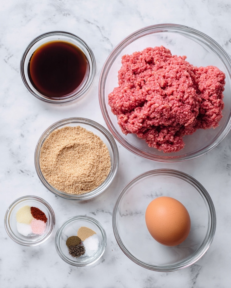 The image shows five ingredients arranged on a white marbled surface: a large clear glass bowl filled with bright pink ground meat on the right, a whole brown egg placed directly below the ground meat, a smaller clear glass bowl filled with light brown breadcrumbs above the egg, another clear glass bowl containing a dark brown liquid on the top left, and a small bowl at the bottom left with various spices layered in small piles showing colors of red, white, beige, and black. The placement is neat, with clear separation between each item, photo taken with an iphone --ar 4:5 --v 7