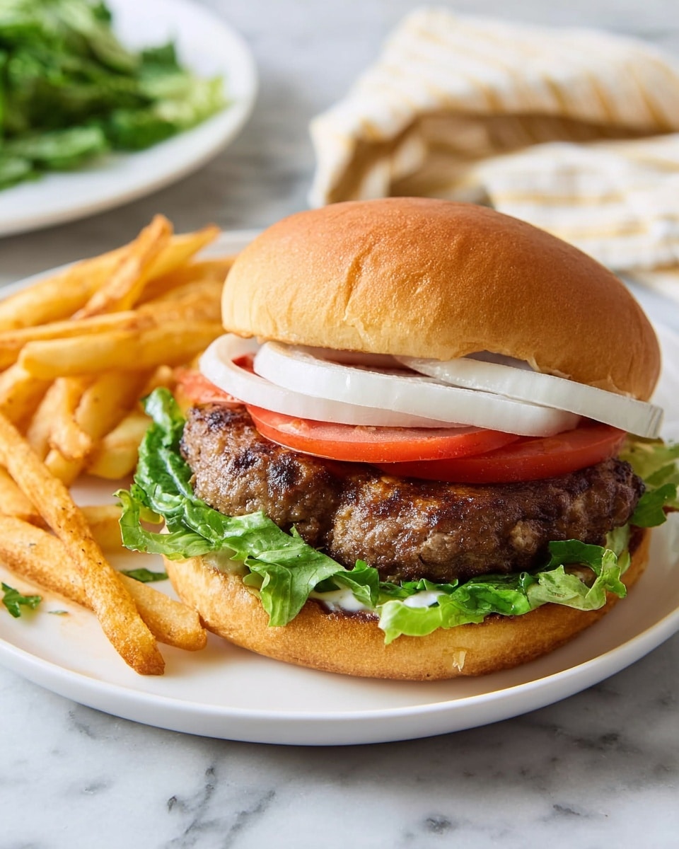 A white plate holds a classic cheeseburger and a side of golden French fries. The burger has five visible layers: the soft, light brown top bun is smooth and shiny; below it, fresh green leafy lettuce peeks out, partially covering white, round onion rings and vibrant red tomato slices beneath. At the center, there is a thick, grilled beef patty with a slightly charred texture, sitting on more leafy green lettuce. The bottom bun is light brown and soft, slightly thicker than the top. The fries are thin, with a yellow-golden crispy texture and scattered loosely next to the burger. They rest on a white marbled surface with a blurred plate and folded beige cloth in the background. Photo taken with an iphone --ar 4:5 --v 7