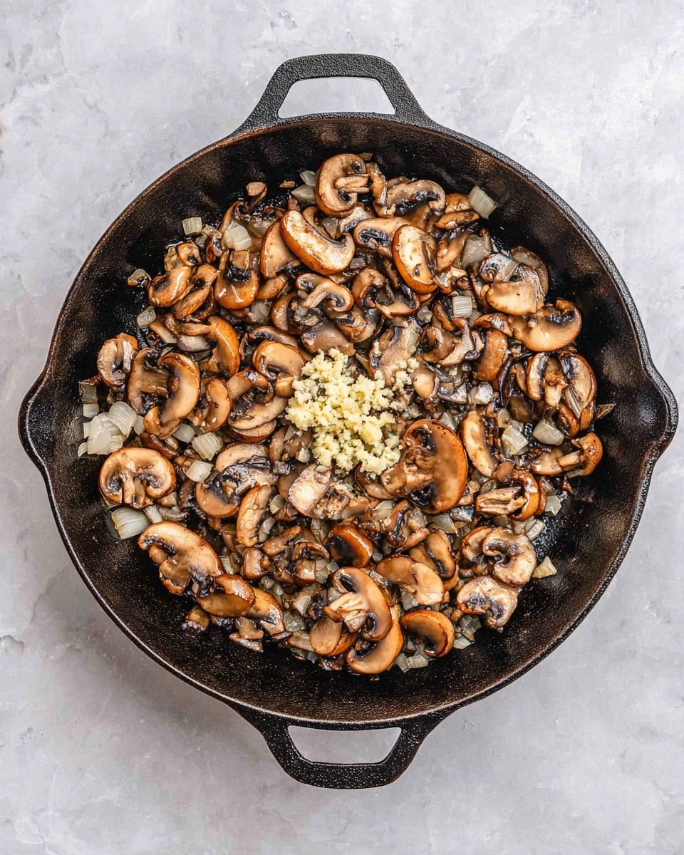 A black cast iron pan on a white marbled surface is filled with cooked sliced brown mushrooms and small diced translucent onions. In the center, there is a small pile of finely chopped garlic adding a lighter color contrast. The mushrooms have a golden brown sear and a slightly glossy texture, while the onions look soft and tender. The pan has two handles with cut-out grips on opposite sides. Photo taken with an iphone --ar 4:5 --v 7