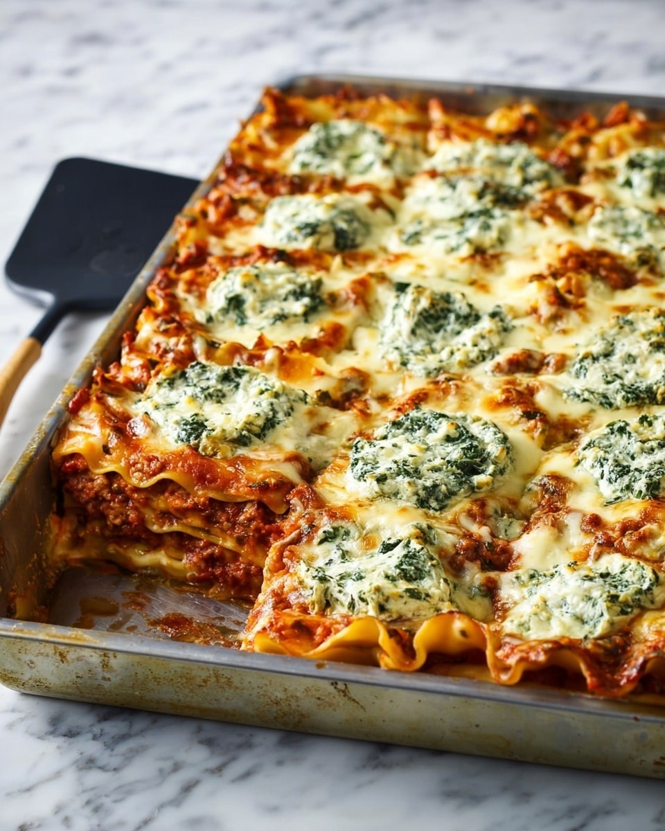 A rectangular metal pan holds a baked lasagna with multiple layers visible at the edges. The bottom layer is made of pasta sheets with a tomato meat sauce that is reddish brown and slightly chunky. Above this is a thick creamy layer of melted mozzarella cheese which is golden and bubbly on top. There are many spoonfuls of creamy spinach ricotta cheese spread evenly in round dollops across the lasagna, their green leafy texture showing inside. The edges of the lasagna have slightly crisped pasta that is golden brown. The pan rests on a white marbled surface, and a black plastic spatula is on the left side, ready to serve. Photo taken with an iphone --ar 4:5 --v 7