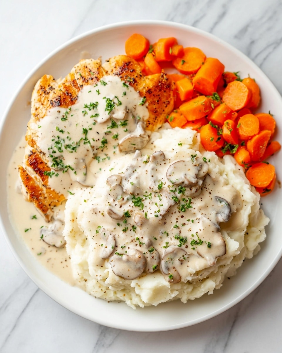 A white plate holds a meal with three main parts on a white marbled surface. On the top left side, there is a golden brown grilled chicken piece covered in creamy white sauce sprinkled with green herbs. Below it, there is a large serving of mashed potatoes topped with thick creamy white sauce that has small mushroom pieces and a sprinkle of black pepper and green herbs. On the right side, there are bright orange cooked carrot chunks sprinkled lightly with green herbs. The plate is neatly arranged, with the smooth creamy sauce contrasting the textures of the chicken, potatoes, and carrots. photo taken with an iphone --ar 4:5 --v 7