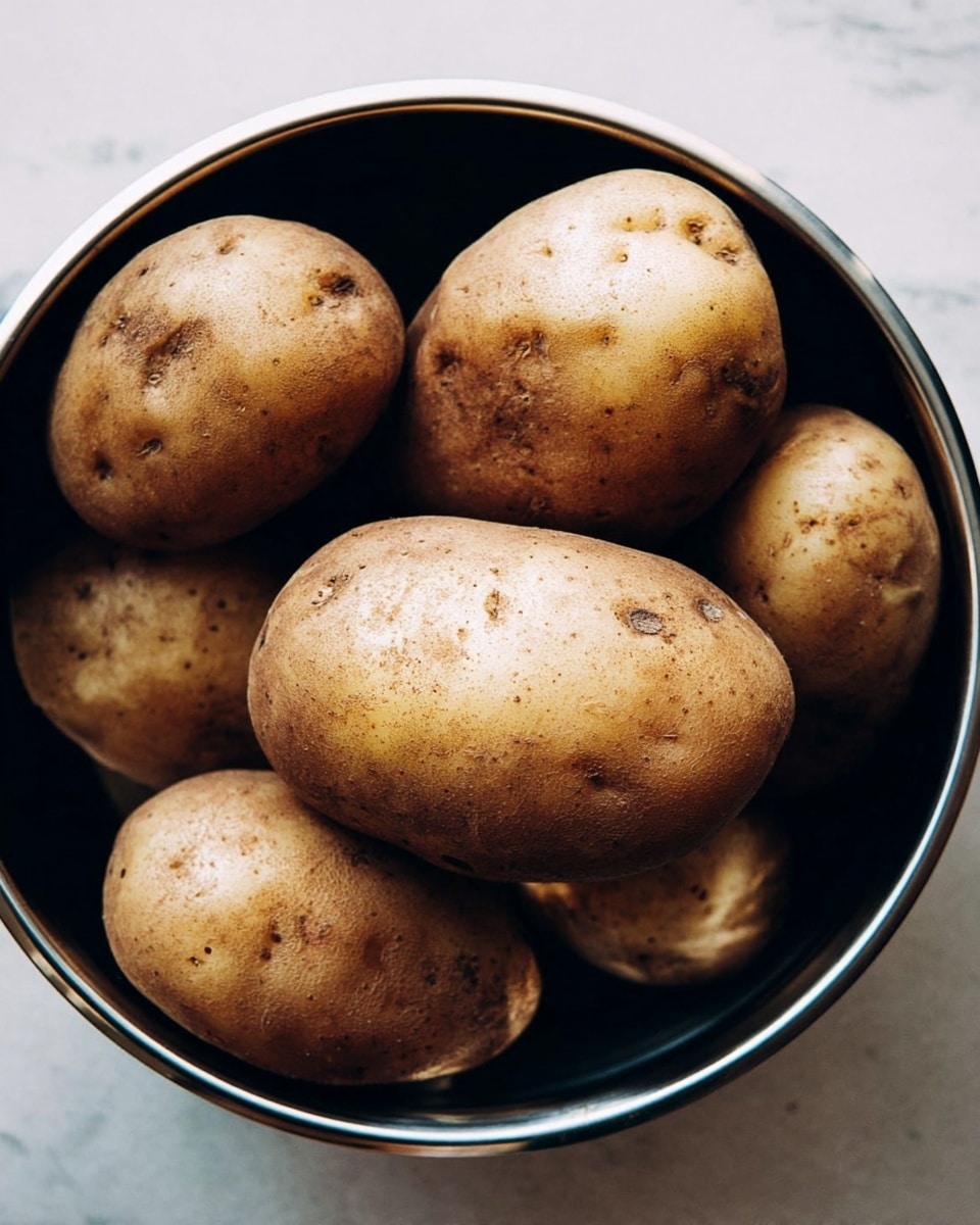 A close-up image showing several brown potatoes with rough, textured skins sitting inside a shiny metallic round container. The potatoes fill the container, overlapping each other with visible patches and small dark spots on their skins. The background is a white marbled surface, softly lit with natural light. Photo taken with an iphone --ar 4:5 --v 7