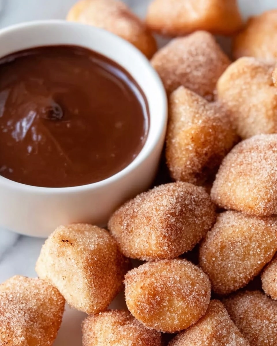 The image shows a close-up of many small, golden-brown dough pieces, covered with sugar and cinnamon, clustered together. Next to them is a white bowl filled with thick, dark chocolate sauce that looks smooth and shiny. The dough pieces are rough in texture with some uneven edges, and the sugar gives them a slightly grainy look. Everything is set on a white marbled surface. Photo taken with an iphone --ar 4:5 --v 7