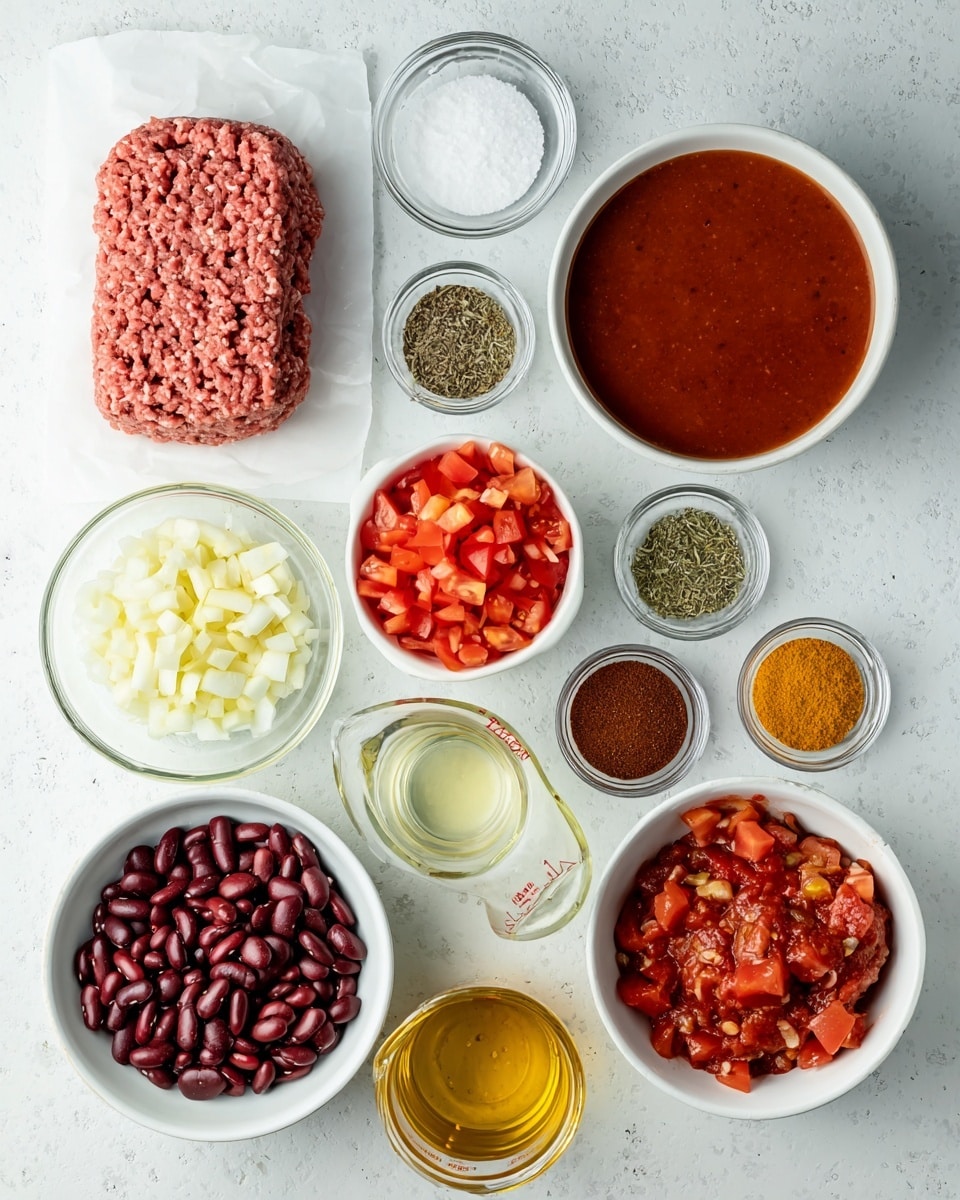 A clean white marbled surface holds a careful arrangement of ingredients for a dish. At the top left, a block of raw ground pink meat sits on parchment paper. To the right, a white bowl contains smooth, dark red tomato sauce. Below the meat, a white bowl is filled with small, diced bright red tomatoes, and close by, a small clear bowl holds minced pale yellow garlic. Near the garlic, a small glass bowl has a white powder of salt, and beside that, another small clear bowl contains a mix of dried herbs in green tones. A glass measuring cup with light golden broth is just right of the herbs. Below the tomatoes, a white bowl is full of shiny dark red kidney beans, and next to that is a small bowl of dark reddish-brown chili powder. To the right of the chili powder, two smaller bowls hold mustard-yellow cumin powder and grayish-black pepper. At the bottom left, a larger white bowl is filled with freshly chopped white onions. Finally, at the bottom right, a white bowl contains a chunky red tomato mixture with visible pieces of vegetables. The image feels fresh, organized, and ready for cooking. Photo taken with an iphone --ar 4:5 --v 7