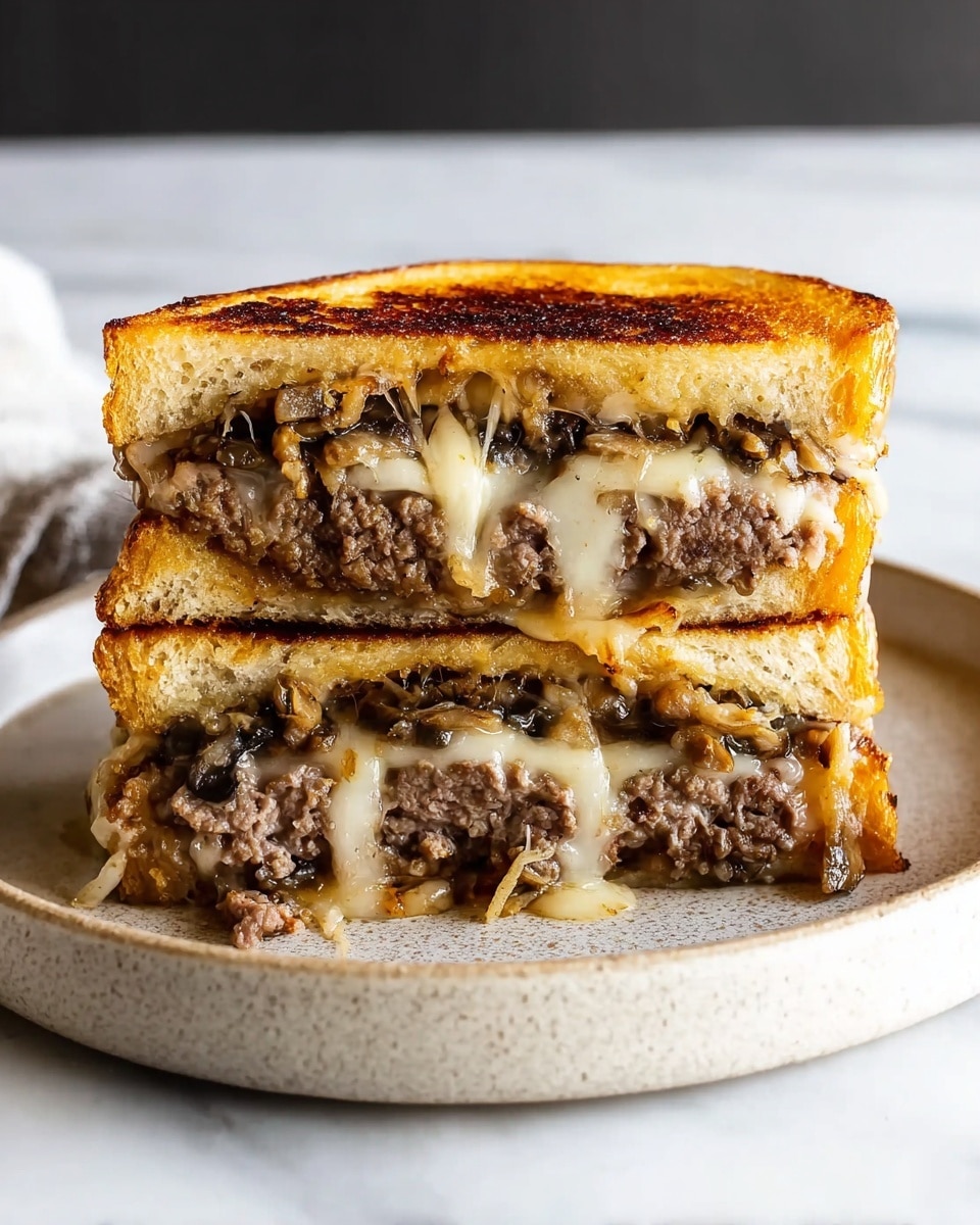 The image shows a sandwich cut in half and stacked, placed on a white plate that is on a white marbled surface. The sandwich has three layers of golden toasted bread with a slightly crispy texture. Between the bread layers, there are two thick layers of cooked ground beef patties, each surrounded by melted cheese that is dripping slightly. There are also small bits of cooked mushrooms mixed with the cheese. The sandwich looks hearty and juicy, with the cheese stretching a little between the two halves. Photo taken with an iphone --ar 4:5 --v 7