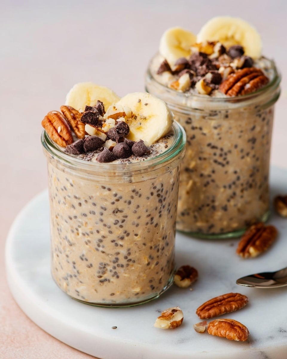 Two clear glass jars are filled with a beige oatmeal and chia seed mixture, showing visible black chia seeds spread throughout the creamy texture. The oats look soft and thick. On top of the mix in each jar, there are dark chocolate chips, small pieces of brown pecans, and slices of pale yellow banana arranged. The jars sit on a round white marble surface with scattered pecan pieces around. The background is a soft pale color. photo taken with an iphone --ar 4:5 --v 7
