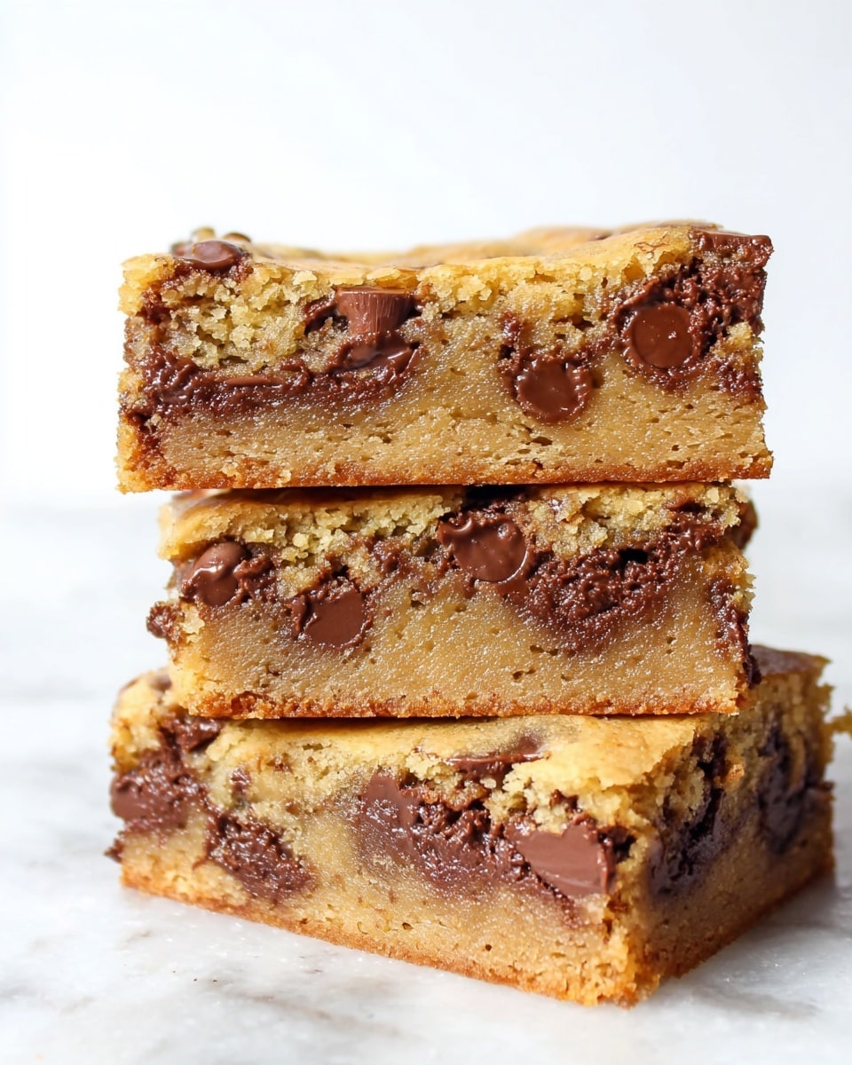 The image shows a stack of three thick square blondies with melted chocolate chips mixed throughout each piece. Each blondie layer is light golden brown with a moist and soft texture, filled with dark brown melted chocolate spread evenly inside. The blondies are placed one on top of another directly on a white marbled surface. photo taken with an iphone --ar 4:5 --v 7