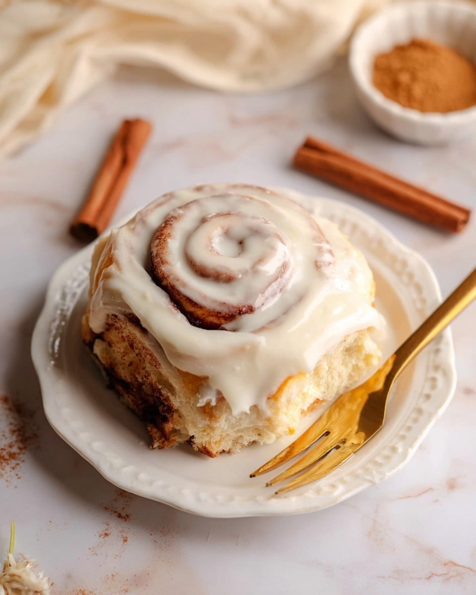 A cinnamon roll with three visible spiral dough layers topped with thick, smooth, white icing that covers the top and drips down the sides, sitting on a white plate with a scalloped edge. The roll has a light golden-brown color with darker cinnamon swirls inside. A gold fork rests on the right side of the plate, and two cinnamon sticks lie on the white marbled surface near the plate. In the background, there is a little white bowl with brown powder and a soft, light cloth. photo taken with an iphone --ar 4:5 --v 7