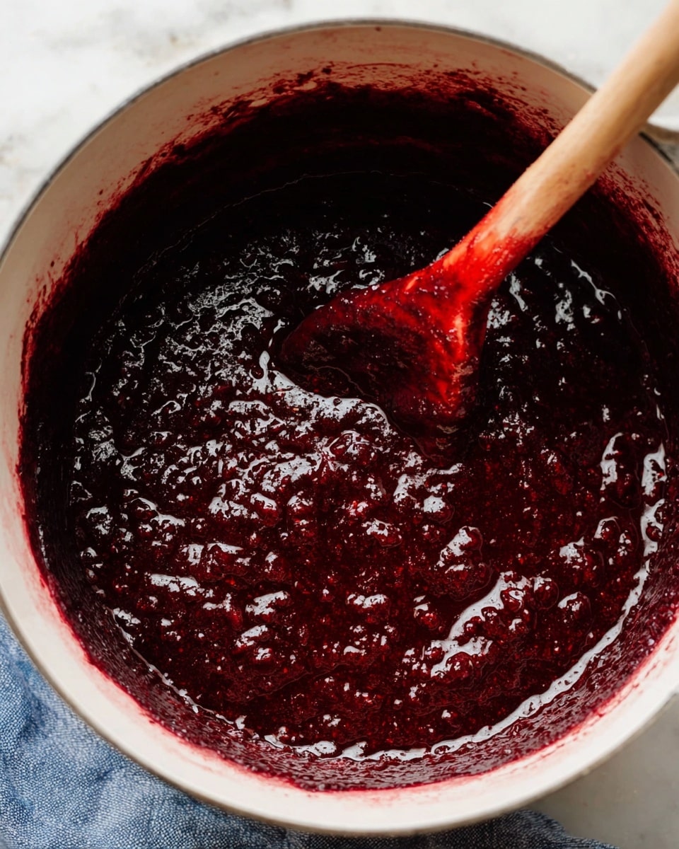 A close-up image of a white pot filled with thick, dark red berry sauce with a chunky texture. The sauce covers the entire inside of the pot, and some sauce has splattered on the top edge. A wooden spoon with a red-stained handle is partially stirring the sauce, showing some movement. The pot sits on a blue and white cloth on a white marbled surface. photo taken with an iphone --ar 4:5 --v 7