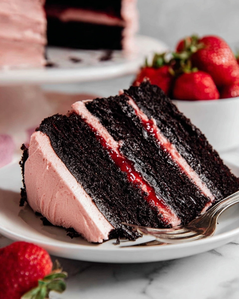 The image shows a slice of cake with three thick layers of dark, almost black, moist cake separated by two layers of smooth pink cream frosting. There is a thin line of red jam or jelly in the middle of the frosting between the cake layers, adding a glossy texture. The cake slice is placed on a white plate with a silver fork next to it. In the background, there is a bowl full of bright red strawberries and a blurred large piece of the same cake. The surface under the plate is a white marbled texture. photo taken with an iphone --ar 4:5 --v 7