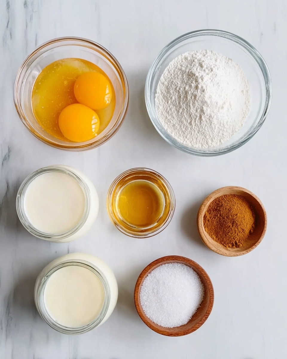 The image shows seven small clear glass bowls and two small white jars placed on a white marbled surface. The biggest bowl contains mixed egg yolks with a bright orange color, placed in the top left corner. Below it, a large bowl filled with a white powdery ingredient sits in the center. To the right of the big bowl is a small bowl with ground brown powder, likely a spice. Next to it on the far right is a small wooden bowl filled with white granulated salt. In the middle bottom row, a small bowl holds a golden-brown liquid. On the left bottom side, two white jars filled with a creamy white and off-white liquid are placed. The arrangement is neat and even, creating a clean look. Photo taken with an iphone --ar 4:5 --v 7
