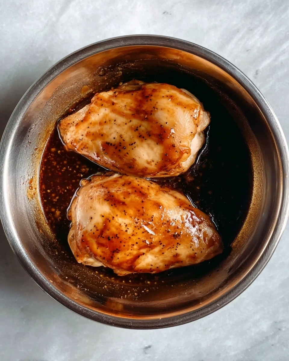 A shiny metal bowl holds two large pieces of cooked light brown chicken, sitting side by side and covered in a glossy dark sauce with small black specks. The bowl is on a white marbled surface. The sauce looks thick and coats the chicken smoothly. photo taken with an iphone --ar 4:5 --v 7