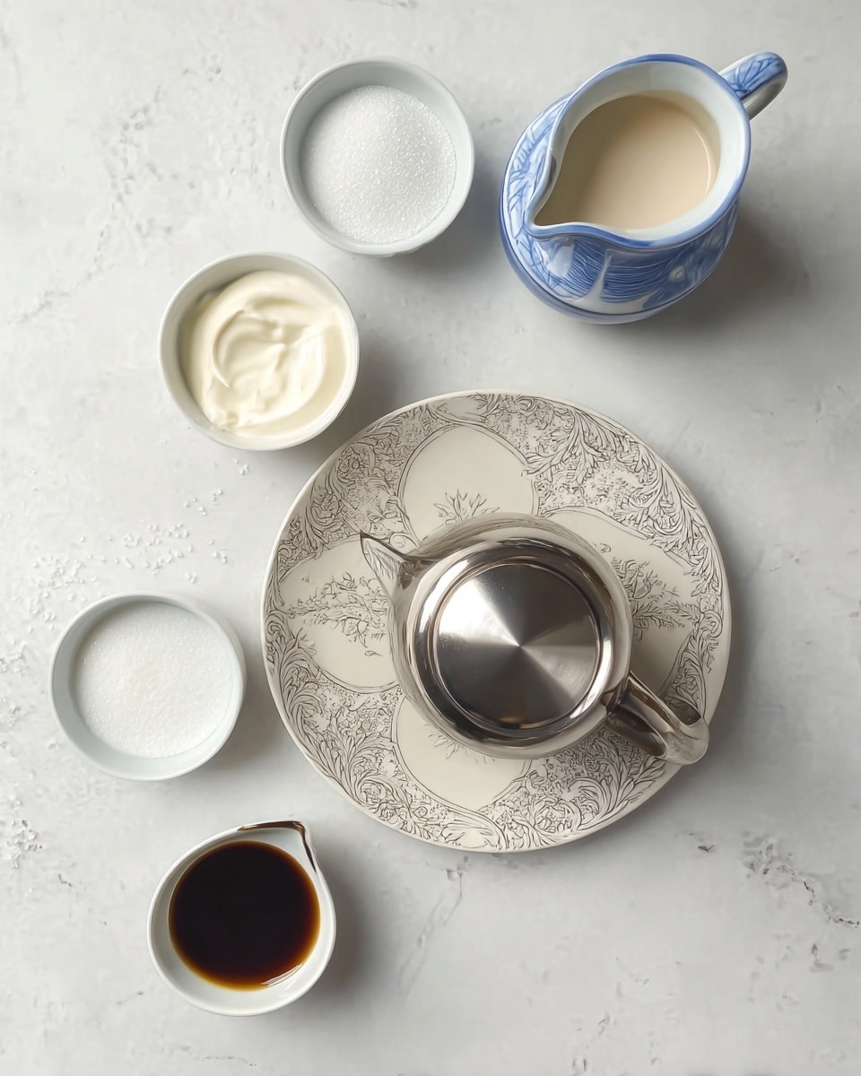 The image shows a white plate with an ornate pattern, placed on a white marbled surface, holding an upside-down shiny silver metal cup with a handle. Around the plate, there are four small white dishes: a blue-rimmed pitcher with cream, a bowl with white sugar crystals, a bowl with thick white cream, and a small pitcher with dark brown liquid. The arrangement is neat and simple. photo taken with an iphone --ar 4:5 --v 7