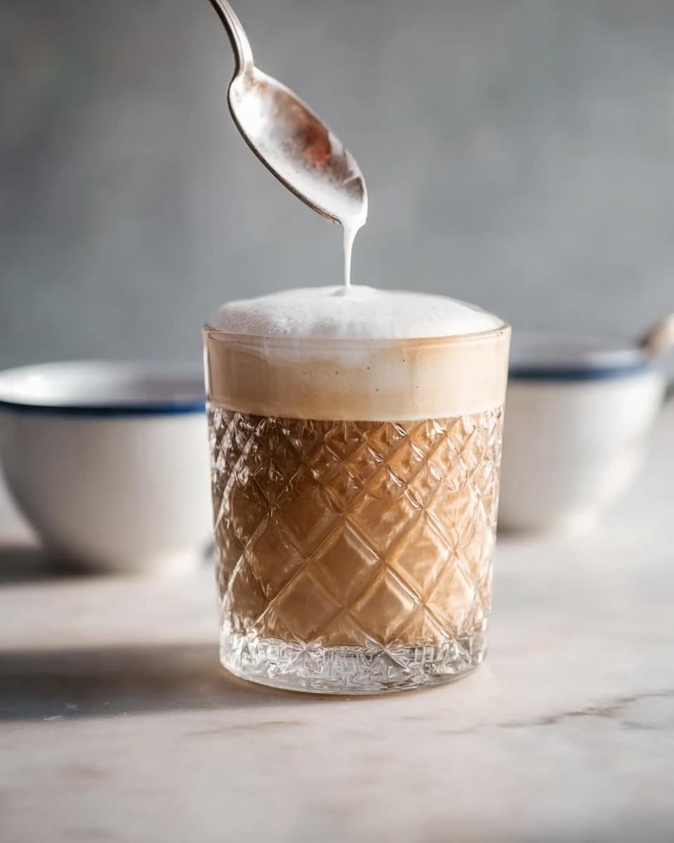 A clear crystal glass filled with a light brown drink sits on a white marbled surface; the glass has a textured diamond pattern and a thick white foam layer on top. A silver spoon held by a woman's hand is gently pouring more white foam onto the drink, creating a soft, airy layer. In the soft blurred background, there are two white bowls with blue rims, adding a gentle contrast to the scene. The lighting is soft and natural, highlighting the creamy texture of the foam and the detailed glass design. photo taken with an iphone --ar 4:5 --v 7