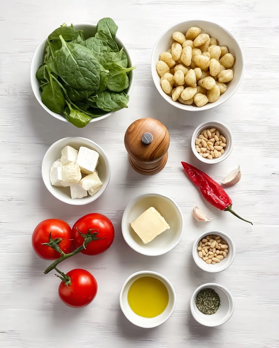 The image shows an overhead view of several small white bowls and food items arranged neatly on a white marbled surface. On the top left, a white bowl is filled with fresh green spinach leaves, and next to it on the right is another white bowl with small beige gnocchi pieces. Below, there is a row of three smaller white bowls: one with white cheese cubes on the left, a wooden pepper grinder in the center, and small pine nuts on the right. Below these, two red tomatoes with green stems sit on the marbled surface, with three garlic cloves to their right and a red chili pepper to the far right. At the bottom, three white bowls contain different ingredients: a small dollop of butter on the left, yellow olive oil in the center, and green dried herbs on the right. The scene is bright and clean, showing clear details of each item. Photo taken with an iphone --ar 4:5 --v 7