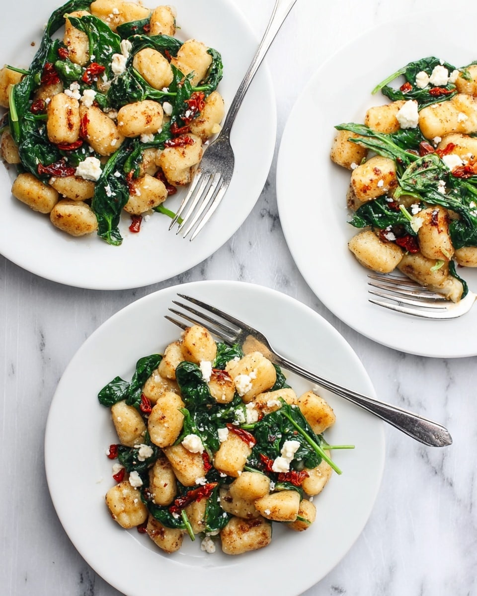 The image shows three white plates filled with browned gnocchi pieces mixed with bright green spinach leaves and small chunks of white cheese with some red bits, likely sun-dried tomatoes, scattered among the ingredients. The gnocchi are golden with slight crisp edges, layered evenly across each plate with the spinach adding vibrant contrast on top. Two silver forks rest partially on two of the plates, positioned diagonally. The dishes are set on a white marbled surface, giving a clean and fresh background, and there's no visible woman's hand. photo taken with an iphone --ar 4:5 --v 7