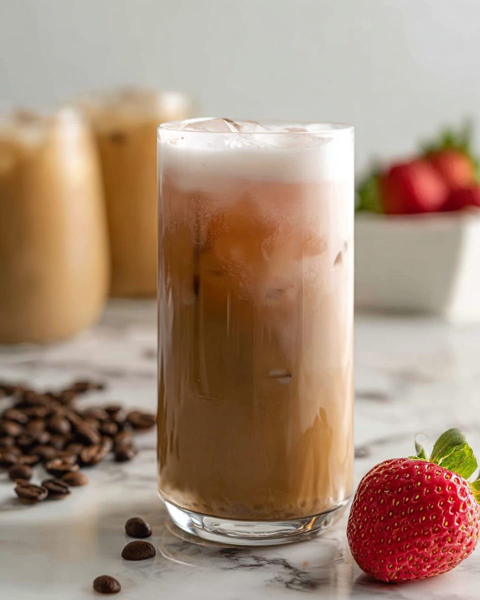 A tall clear glass filled with a smooth light brown iced coffee drink that has a layer of white foam on top. The drink shows slight mixing of milk and coffee with soft swirls visible inside the glass. Around the glass, there are scattered dark brown coffee beans on a white marbled surface. A bright red strawberry with green leaves sits to the right of the glass. In the blurred background, there are two more similar iced coffee drinks and a white container holding more strawberries. Photo taken with an iphone --ar 4:5 --v 7