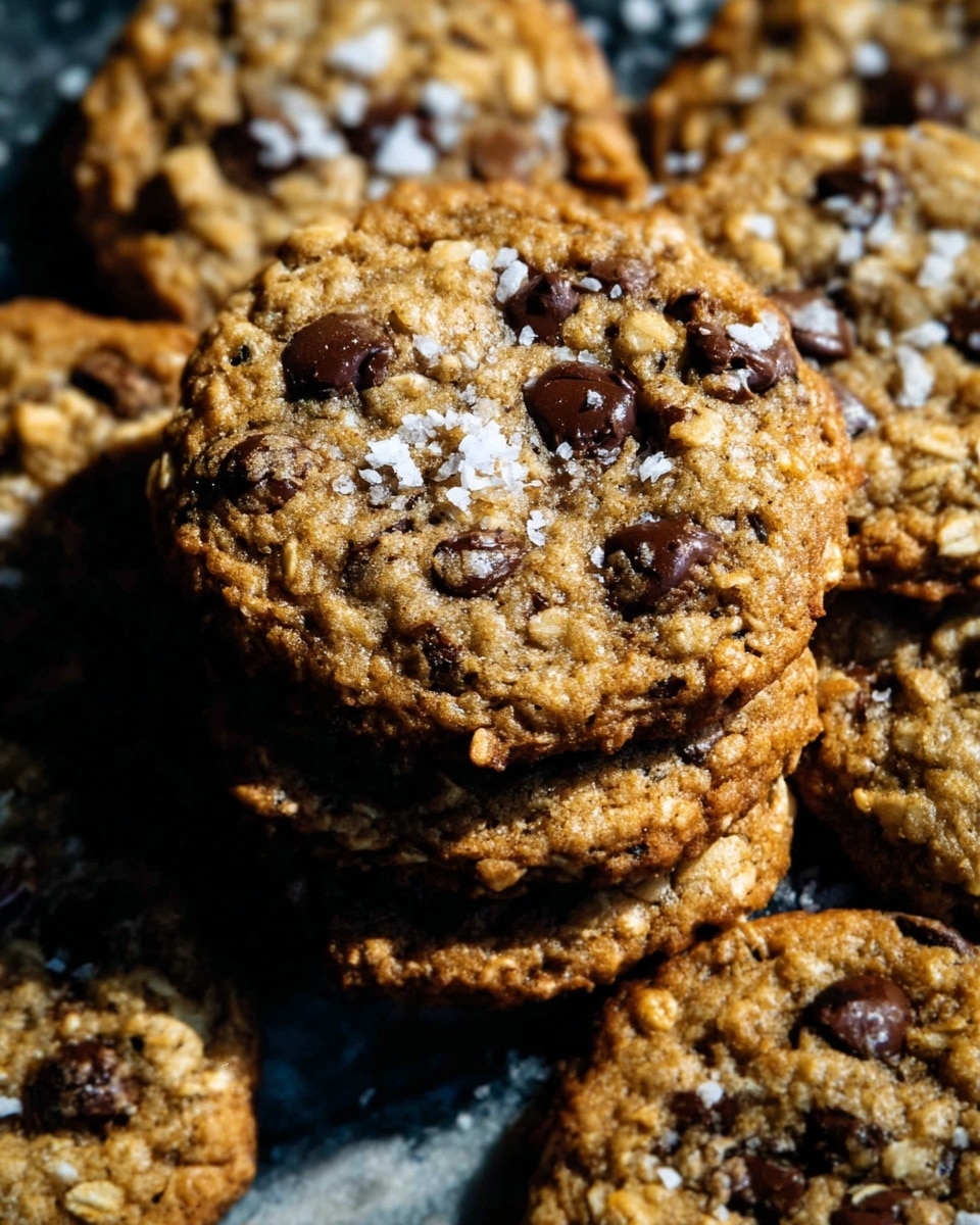The image shows a close-up of several oatmeal chocolate chip cookies stacked slightly on top of each other. Each cookie has a golden-brown textured surface with visible oats and many small, melted dark chocolate chips scattered across the top. There are also small white flakes of sea salt sprinkled over the cookies, adding contrast to the dark chocolate. The cookies appear soft with slightly crisp edges. The background is dark but slightly fades into a white marbled texture around the edges. photo taken with an iphone --ar 4:5 --v 7