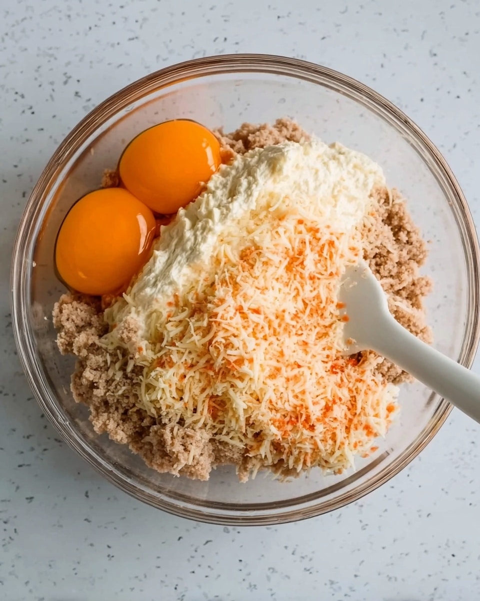 A clear glass bowl sits on a white marbled surface, filled with four main ingredients layered side by side. On the left, two raw eggs with bright orange yolks rest next to a beige-colored ground meat layer at the bottom. Above the meat, a mound of cream cheese can be seen with its smooth, soft texture. On top and covering the right side is a pile of finely grated orange and white cheese, creating a textured, crumbly layer over the other ingredients. A white mixing spatula is partially submerged in the bowl as if ready to stir. Photo taken with an iphone --ar 4:5 --v 7