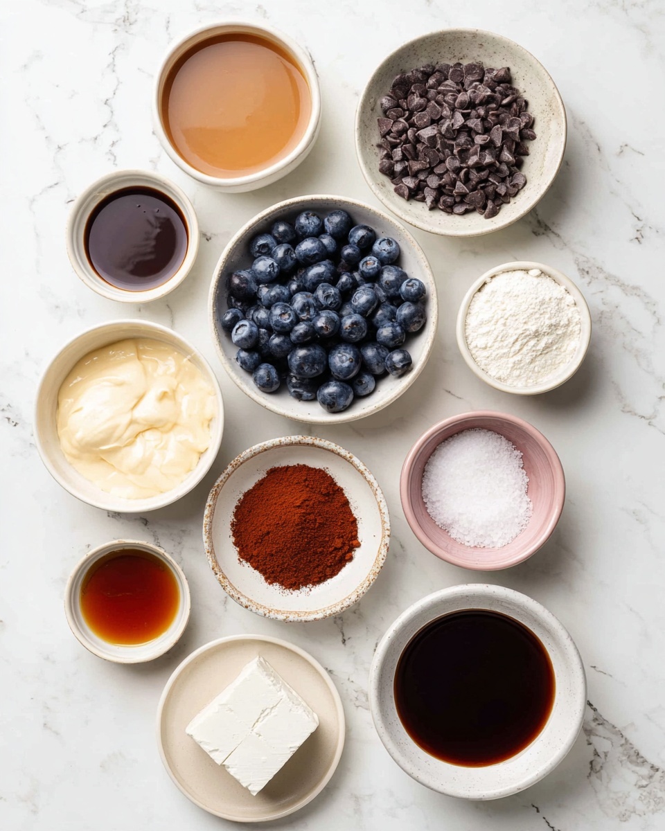 The image shows 11 small white bowls and a small pink bowl arranged on a white marbled surface. The bowls hold different ingredients: one bowl with light brown liquid at the top left, a bowl with dark brown liquid top right, a bowl with dark chocolate chips below it, a bowl with fresh blueberries center, a bowl with beige creamy mixture right of blueberries, a bowl with white powder left bottom, a bowl with reddish-brown powder center bottom, a bowl with dark thick liquid bottom center, a small bowl with dark amber liquid bottom left, a small pink bowl with white salt to the right of the reddish powder, a bowl with white powder bottom right, and a small plate with a white solid piece left of the blueberries. The bowls are placed on a white marbled surface in a scattered layout photo taken with an iphone --ar 4:5 --v 7