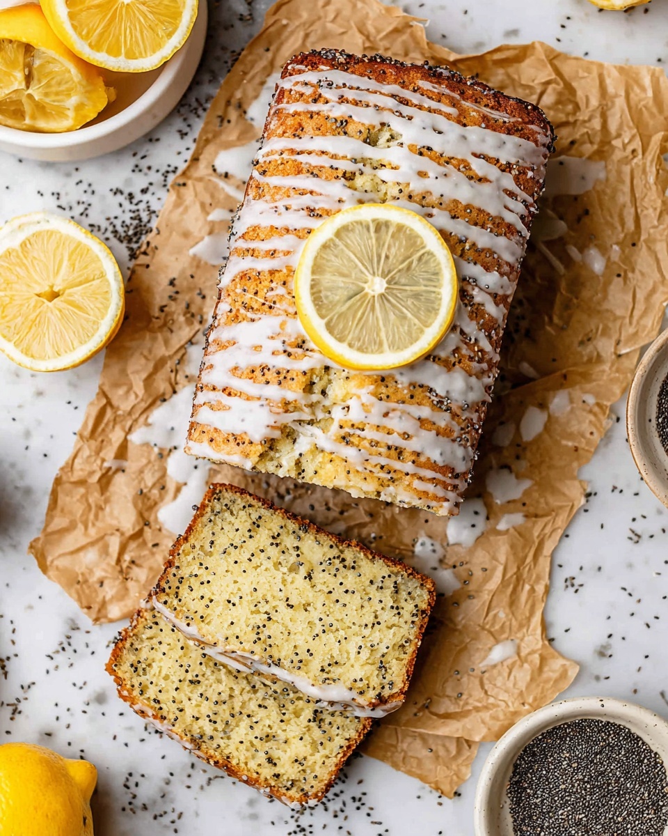 A rectangular loaf of lemon poppy seed bread sits on brown parchment paper over a white marbled surface, with a drizzle of white glaze on top showing irregular lines and a whole thin lemon slice placed in the center. The bread is golden brown with visible poppy seeds scattered throughout its textured crust. Two slices are cut and placed near the loaf, showing a light yellow interior filled evenly with tiny black poppy seeds. Around the loaf, there are some scattered poppy seeds and lemon slices, with a white bowl holding lemons and a small white bowl with black poppy seeds nearby. The scene is bright and clean, photo taken with an iphone --ar 4:5 --v 7