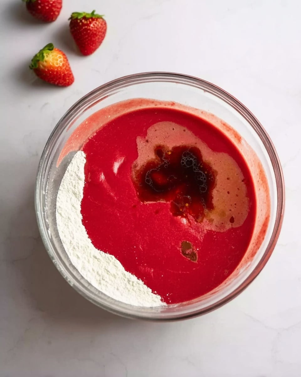 A clear glass bowl sits on a white marbled surface, containing a layer of white flour at the bottom. On top of the flour is a bright red liquid with a smooth texture, covering most of the flour except a few small spots, with an area of shiny dark brown liquid near the upper right part of the bowl and some lighter, almost tan-colored liquid toward the upper left. Around the bowl on the white marbled surface, there are a few whole strawberries placed randomly. Photo taken with an iphone --ar 4:5 --v 7