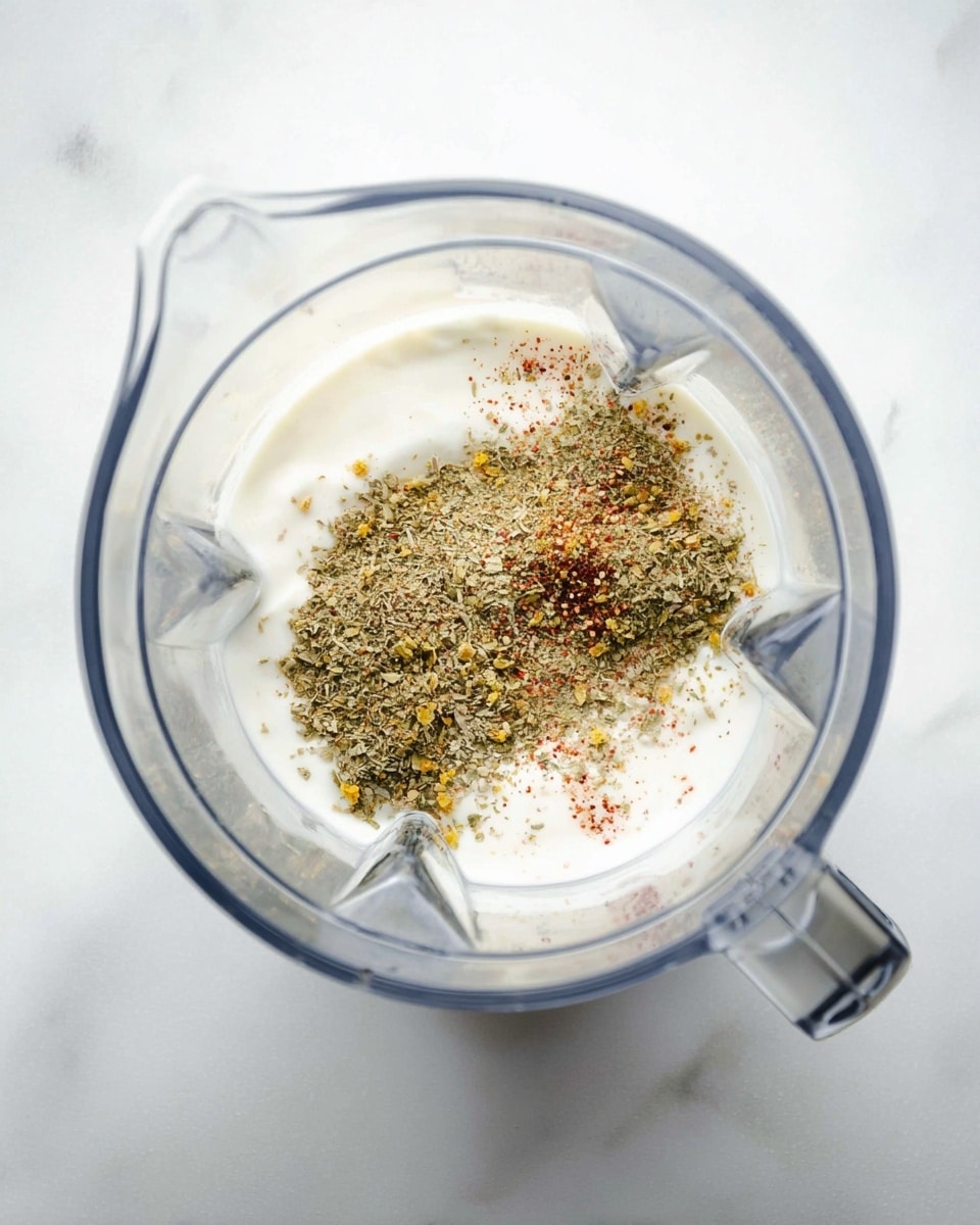 A clear blender container is shown from above, sitting on a white marbled surface. Inside the blender, there is a layer of thick white cream or yogurt at the bottom. On top of that, there is a mix of finely ground dried herbs and spices, which have green, brown, yellow, and red specks scattered unevenly in one area. The blender's clear handle is visible on the right side, and the light from above highlights the smooth texture of the cream and the coarse texture of the spices. Photo taken with an iphone --ar 4:5 --v 7