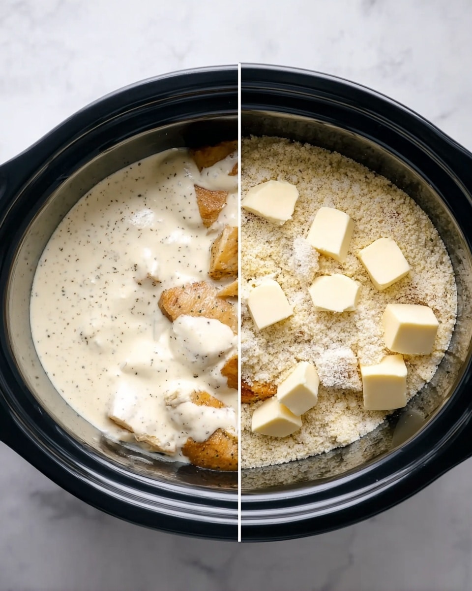 The image shows two side-by-side views inside a black slow cooker placed on a white marbled surface. On the left side, a creamy white sauce with specks of herbs covers pieces of brown chicken layered at the bottom of the slow cooker. On the right side, the chicken pieces are topped with white breadcrumbs and several small white cubes of butter scattered evenly over the breadcrumbs. The textures contrast between the smooth sauce on the left and the crumbly topping on the right. Photo taken with an iphone --ar 4:5 --v 7