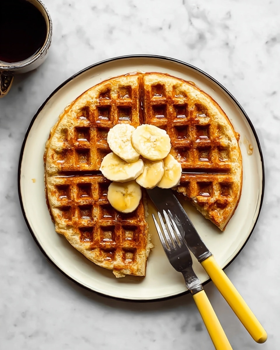 A golden brown waffle with a grid pattern sits on a white plate with a thin black rim. Four banana slices lay stacked in the center of the waffle. A triangular piece of the waffle is cut and held by a fork and knife with yellow handles, placed on the plate near the bottom. The plate rests on a white marbled surface, and a silver cup filled with dark liquid is partially visible in the top left corner. Photo taken with an iphone --ar 4:5 --v 7