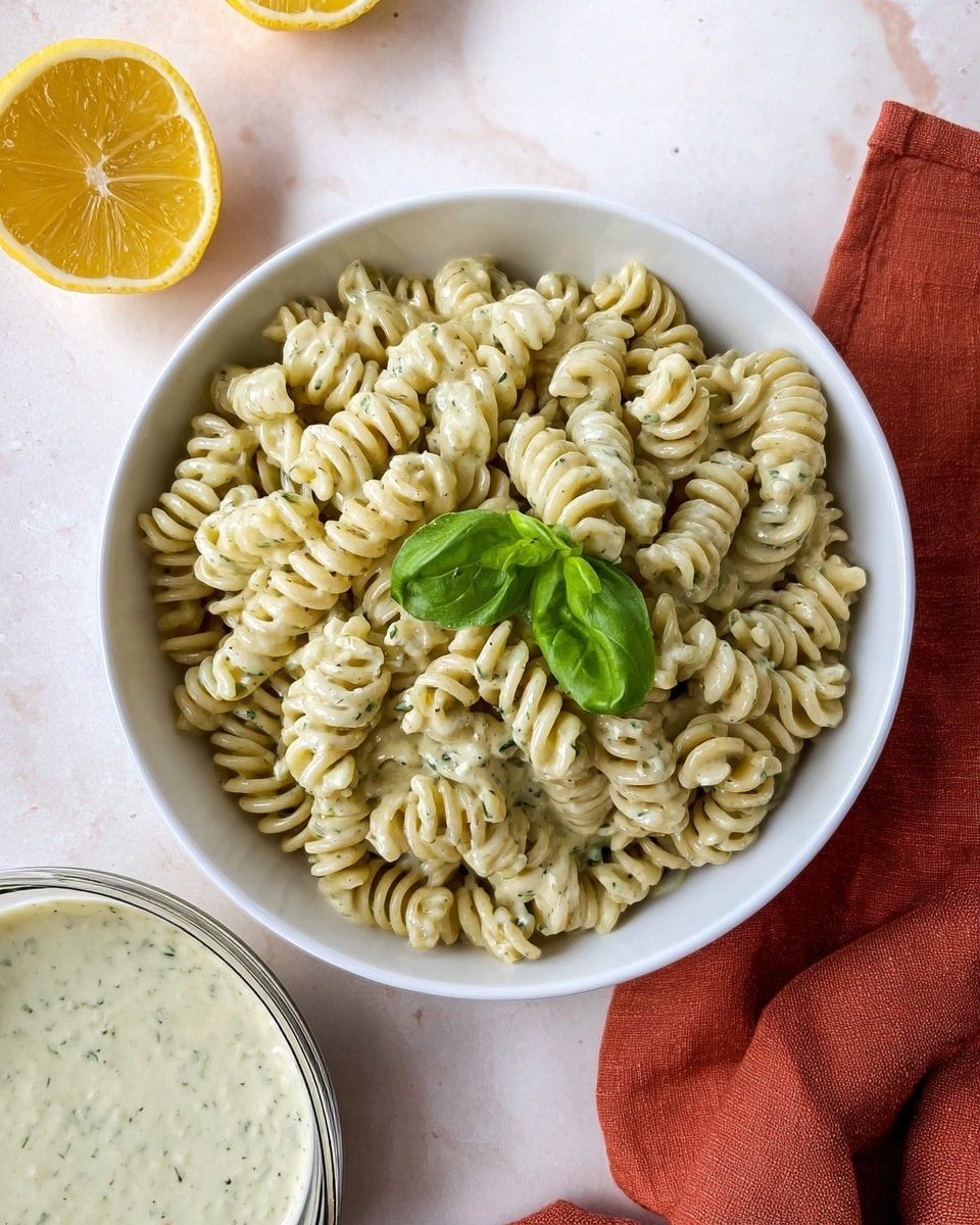 A white bowl filled with spiral pasta coated with a creamy pale green sauce mixed evenly throughout. On top of the pasta sits a fresh green basil leaf. The bowl is set on a white marbled surface. To the top left, there is a half lemon showing its bright yellow flesh. In the bottom left corner, there is a small glass bowl filled with a light creamy sauce that has green specks. In the bottom right corner, a folded rust-colored cloth is partly visible. Photo taken with an iphone --ar 4:5 --v 7