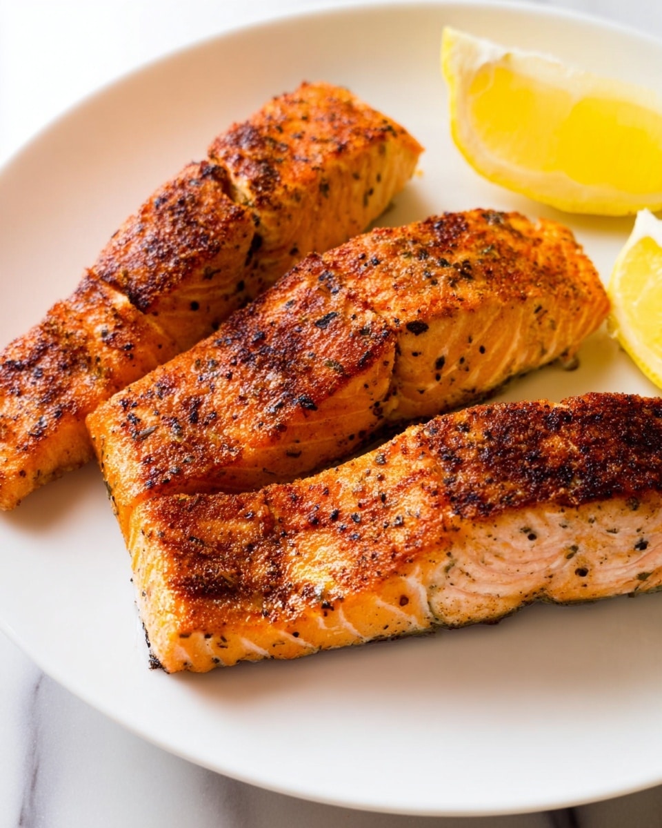 The image shows three grilled salmon pieces on a white plate placed on a white marbled surface. Each salmon piece is thick, with a crispy, slightly charred outer layer in golden-brown and orange shades with visible black seasoning specks. The salmon flesh beneath is a softer pinkish-orange color. On the right side of the plate, there are two bright yellow lemon wedges adding a fresh contrast to the warm tones of the salmon. The lighting highlights the texture and colors of the fish, making the dish look warm and appetizing. Photo taken with an iphone --ar 4:5 --v 7