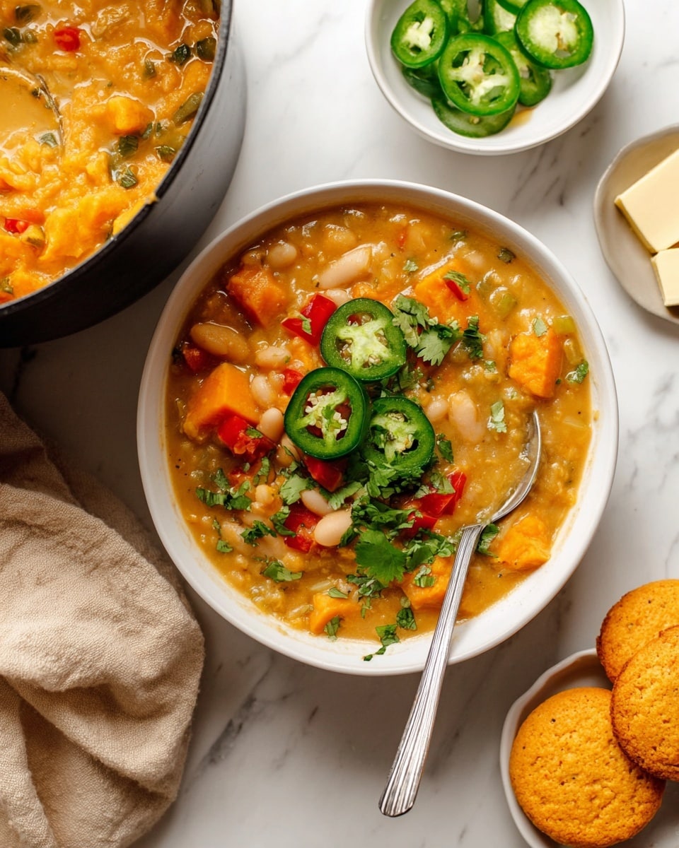 A white bowl filled with a thick soup that has about four layers of visible ingredients: chunks of orange sweet potato, small white beans, diced red bell peppers, and a creamy light yellow base with some green herbs mixed in. On top, three slices of green jalapeño and a few sprigs of fresh cilantro add bright green color and texture. A silver spoon is resting inside the bowl on the right side. Nearby, a small white dish contains more jalapeño slices, and there are two round orange cornbread muffins with pale yellow butter squares on a white marbled surface. In the upper left, part of a pot shows more of the soup with the same ingredients and colors. A folded beige cloth is at the bottom left corner. Photo taken with an iphone --ar 4:5 --v 7