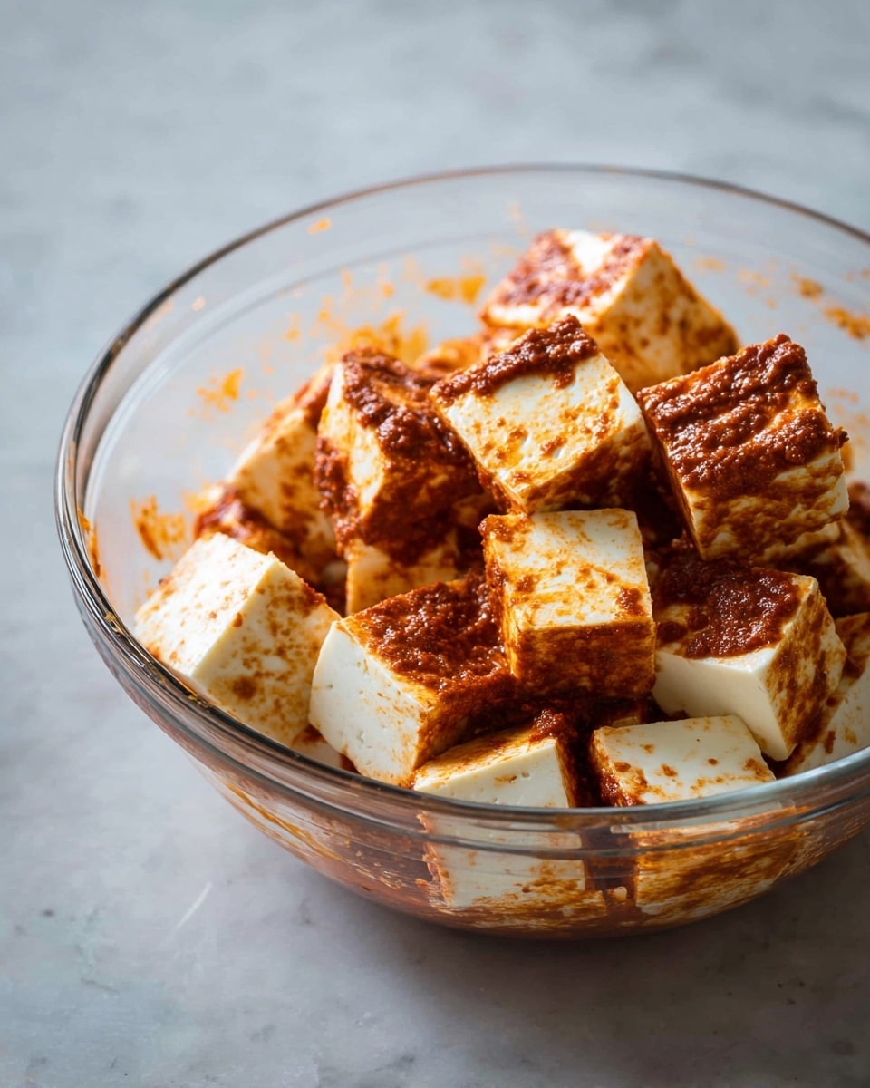 The image shows a clear glass bowl filled with white cubes of paneer, which are partially covered with a thick, reddish-brown spice paste. The cubes are stacked loosely inside the bowl, with some paneer showing smooth, clean edges and others coated more heavily with the paste. The bowl is set on a white marbled surface, giving a clean, bright contrast to the rich colors of the paneer and spice mix. Photo taken with an iphone --ar 4:5 --v 7