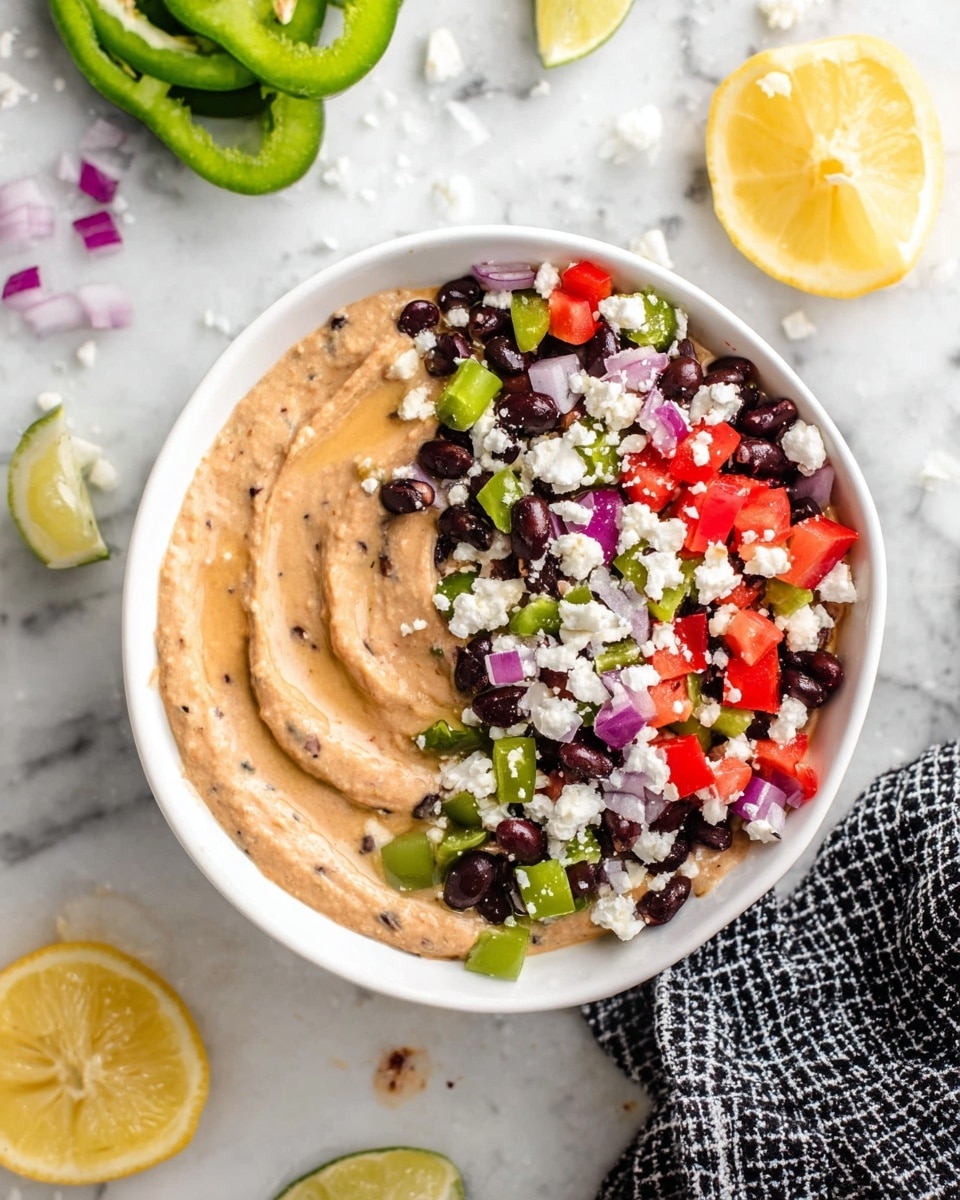 A white bowl sits on a white marbled surface, filled halfway with a smooth, light brown creamy dip, swirled gently on one side. The other half of the bowl is topped with a colorful mix of diced red tomatoes, chopped green bell peppers, chopped purple onions, whole black beans, and crumbled white cheese scattered over the top. Around the bowl, there are some lemon halves, a green pepper, and a few scattered crumbs and diced vegetables on the surface. A black and white checkered cloth is folded next to the bowl. Photo taken with an iphone --ar 4:5 --v 7