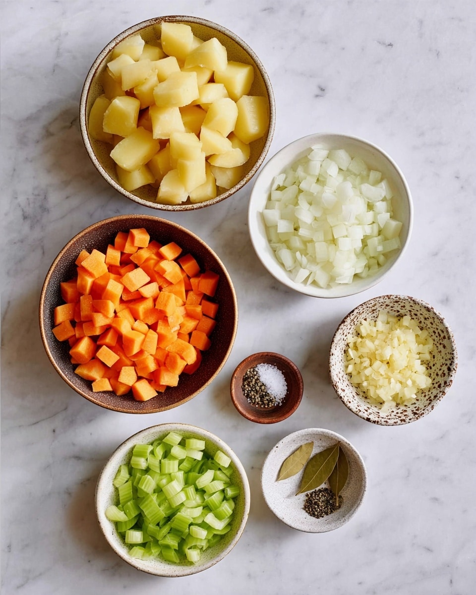 The image shows six bowls with different chopped ingredients arranged on a white marbled surface. The largest bowl at the top left contains light yellow potato pieces with a smooth texture. To the right, a medium white bowl holds small white chopped onion pieces. In the center bottom, a mid-sized bowl with a brown rim contains bright orange carrot chunks cut into small cubes. On the bottom left, a small white bowl contains green sliced celery pieces. Below the celery, a tiny brown bowl holds two dried bay leaves, salt, and black pepper. To the bottom right, a small textured bowl contains minced garlic, pale yellow and finely chopped. photo taken with an iphone --ar 4:5 --v 7