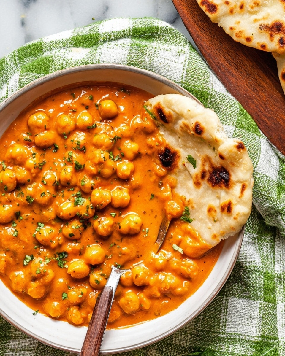 In a white bowl filled with a thick orange curry, many round chickpeas show through a smooth, rich sauce that has small green herb pieces scattered on top. A piece of lightly toasted flatbread with golden brown spots rests partially dipped into the curry on the right side of the bowl. The bowl sits on a green and white checkered cloth, and a metal spoon with a wooden handle is sunk into the curry near the bread, shiny from the sauce. In the upper right corner, another piece of flatbread rests on a wooden board, all placed on a white marbled surface. photo taken with an iphone --ar 4:5 --v 7