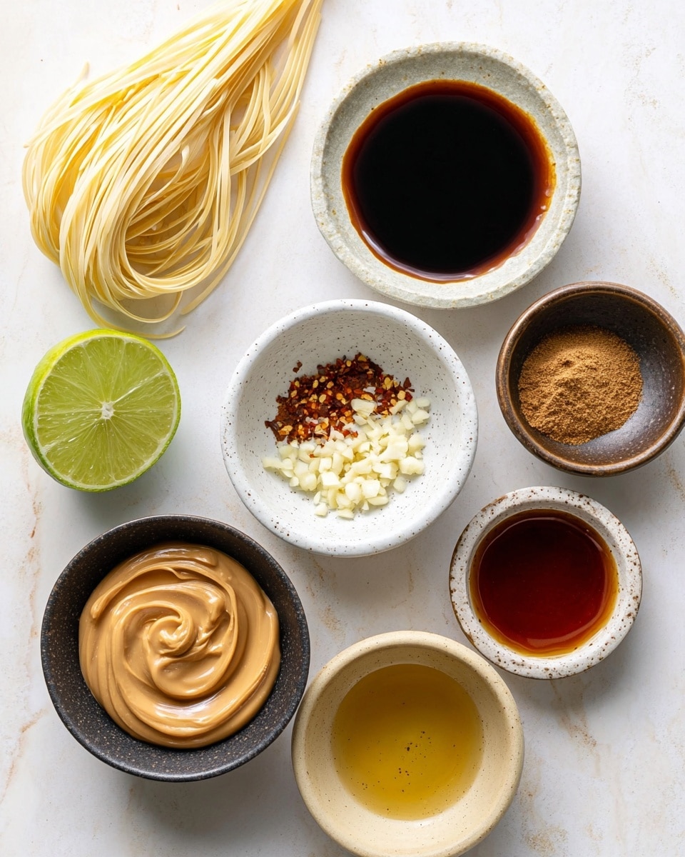 The image shows eight small bowls of different ingredients arranged in a circle on a white marbled surface. Starting from the top left, there are uncooked dry noodles with a pale yellow color. Moving clockwise, the first bowl contains dark brown soy sauce with a smooth and shiny surface. Next to it is a white speckled bowl with a small amount of white liquid. Below this bowl is a small dark bowl filled with finely chopped garlic and some crushed red pepper flakes. To the right is another small dark bowl filled with a brown dry spice powder. Below this is a white speckled bowl with a thick, dark reddish-brown sauce inside. Next, there is a small bowl containing a golden-yellow liquid that looks like honey or syrup. To the left is a halved lime showing bright green flesh, and above that is a white speckled bowl with a light golden liquid, likely oil. In the center of the circle is a dark bowl filled with creamy, light brown peanut butter with swirls visible on the surface. Photo taken with an iphone --ar 4:5 --v 7