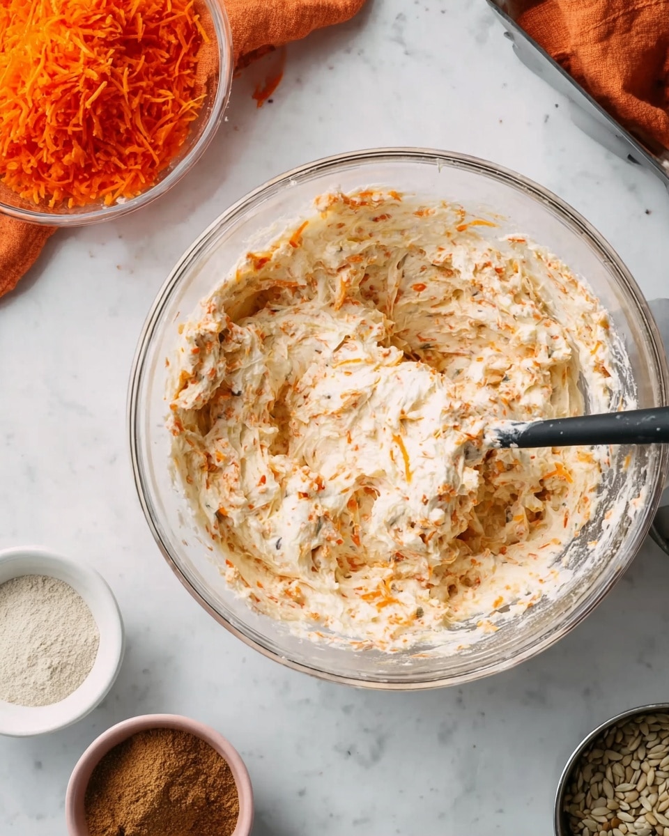 A large clear glass bowl sits on a white marbled surface, filled with a mixture that has a creamy texture with visible orange streaks and small soft chunks. A black spatula is inside the bowl, slightly coated with the mixture. Around the bowl, there are small white dishes containing brown powder and light beige seeds, as well as a stainless steel container with finely shredded bright orange pieces. In the top corner, an orange cloth or napkin adds a soft color contrast. photo taken with an iphone --ar 4:5 --v 7