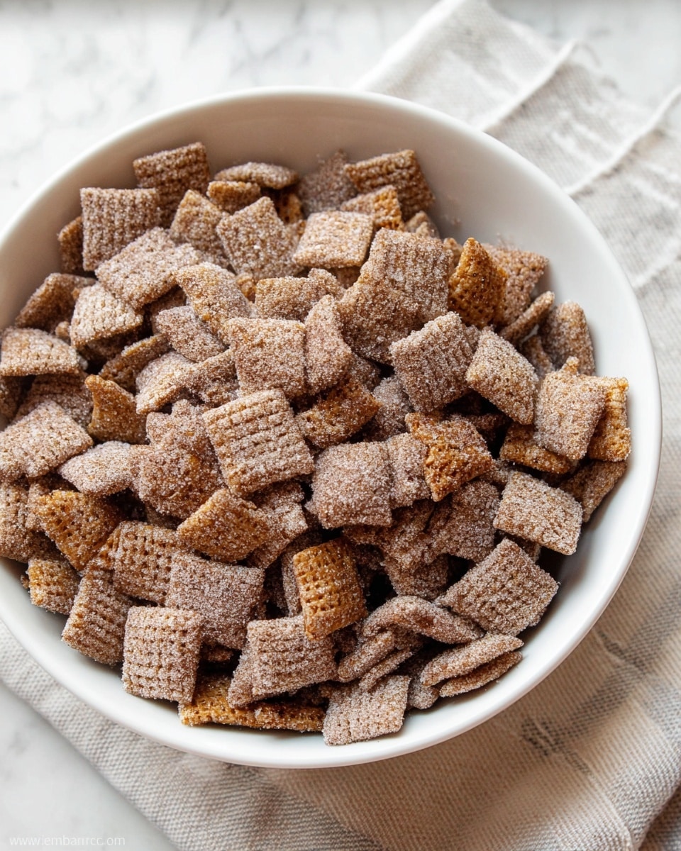 A white bowl filled with many small square cereal pieces, each piece covered in a light dusting of sugar and cinnamon, giving a rough, grainy texture. The cereal pieces are light to dark brown with a grid pattern on top showing a slightly shiny surface. The bowl is placed on a folded cloth with a simple line pattern on a white marbled surface. photo taken with an iphone --ar 4:5 --v 7