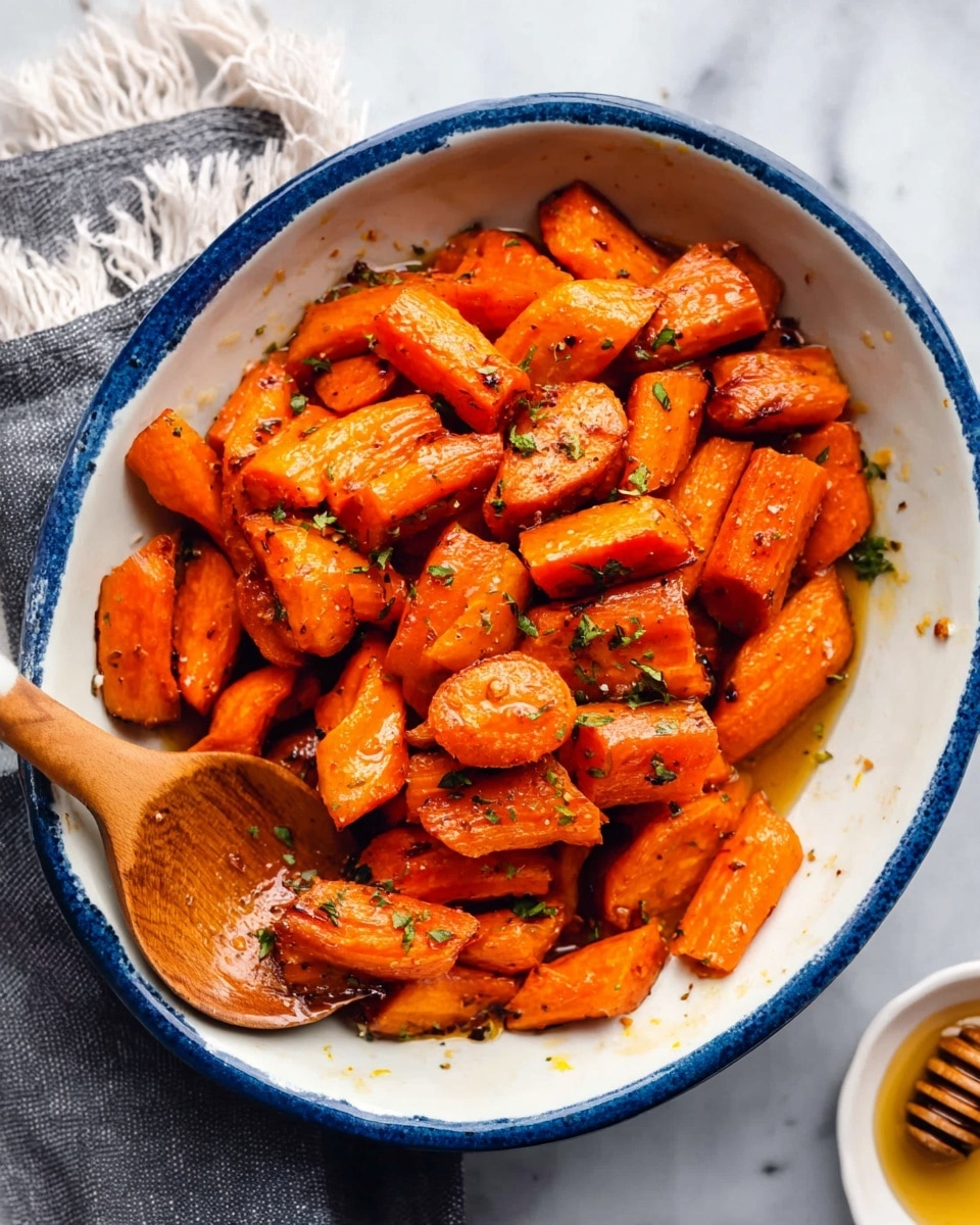 A white bowl with a blue rim is filled with shiny roasted carrot pieces that are cut into thick, uneven chunks. The carrots have a golden-brown color with some darker caramelized spots, and they are sprinkled with small bits of green herbs. A wooden spoon with a light grain pattern is resting inside the bowl, partially lifting some carrot pieces. The bowl is set on a white marbled surface, and a fringed gray cloth is partly visible near the top edge. There is also a small white bowl with a honey dipper next to the main bowl at the bottom right corner of the image photo taken with an iphone --ar 4:5 --v 7
