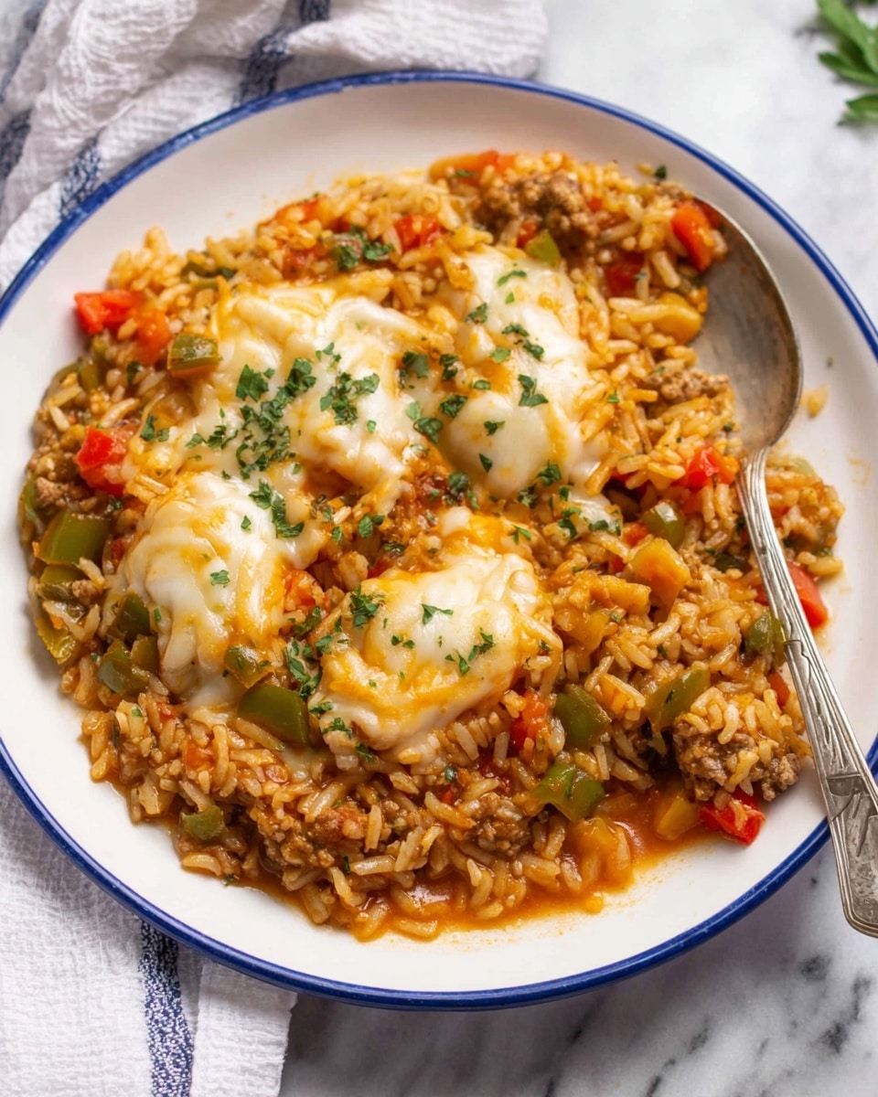 A white plate with a blue rim holds a vibrant dish of cooked rice mixed with orange-brown sauce, small green and red bell pepper pieces, and light brown ground meat. On top of the mixture are three patches of melted, creamy white cheese sprinkled with green herbs, adding a soft, slightly bubbly texture. The plate sits on a white marbled surface with a silver spoon resting on the side, partially inside the dish, while a white and blue striped cloth is nearby. photo taken with an iphone --ar 4:5 --v 7