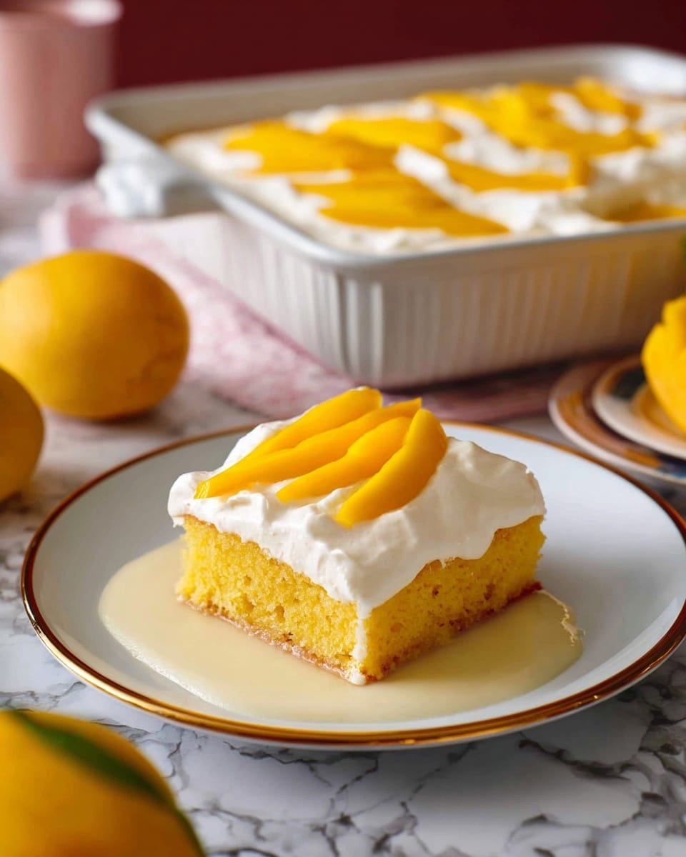 A square piece of yellow-orange cake sits on a white plate with a thin gold rim, soaked in a pale cream sauce pooling on the plate. The cake has a layer of thick, white whipped cream on top, and a fan of thin, bright yellow mango slices placed neatly in the center. In the background, there is a white baking dish filled with the same cake, topped with whipped cream and scattered mango slices. The surface is a white marbled texture with some whole yellow mangoes nearby, adding a fresh look. Photo taken with an iphone --ar 4:5 --v 7