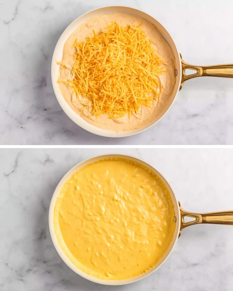 The image shows two views of a white pan with a golden handle on a white marbled surface. In the first view, a thick creamy mixture of light orange color fills most of the pan, with a pile of shredded yellow cheese sitting in the center on top of the mixture. In the second view, the shredded cheese has been mixed in fully, and the pan is filled with a smooth, bright yellow sauce evenly spread out. Photo taken with an iphone --ar 4:5 --v 7