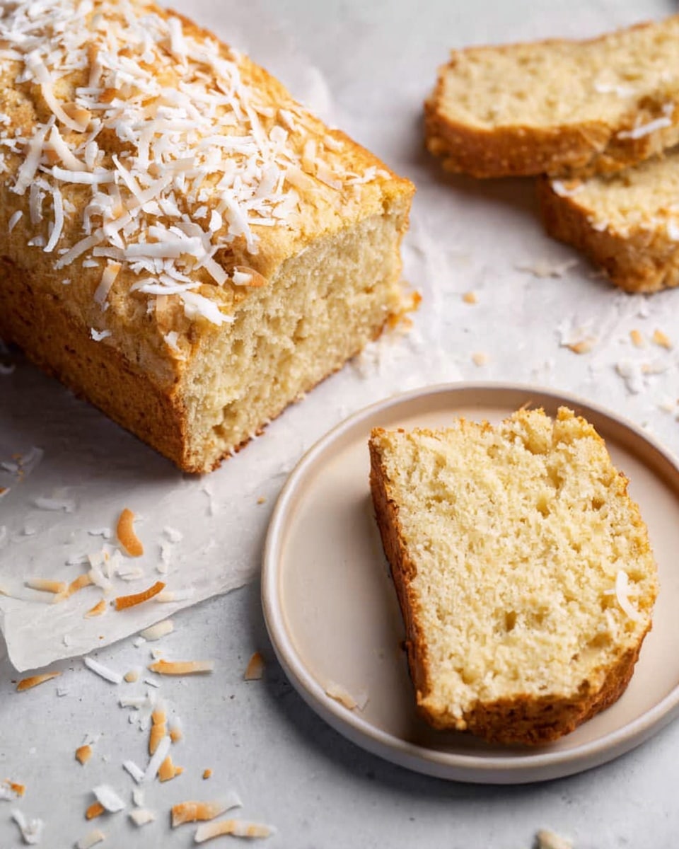 The image shows a loaf of light golden coconut bread with a rough, soft texture, sprinkled with white shredded coconut on top. Two slices of the bread, revealing a moist crumb with visible small bits of coconut inside, are placed around the loaf; one slice lies flat on a small white plate, and the other slice rests directly on the white marbled surface with some loose coconut flakes scattered nearby. The background is softly lit, enhancing the warm, light tan color of the bread. Photo taken with an iphone --ar 4:5 --v 7